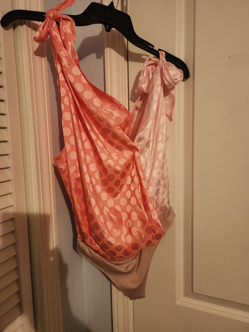 The Impeccable Pig Polka Dot Satin Tie-Shoulder Bodysuit in Peach & Light Pink